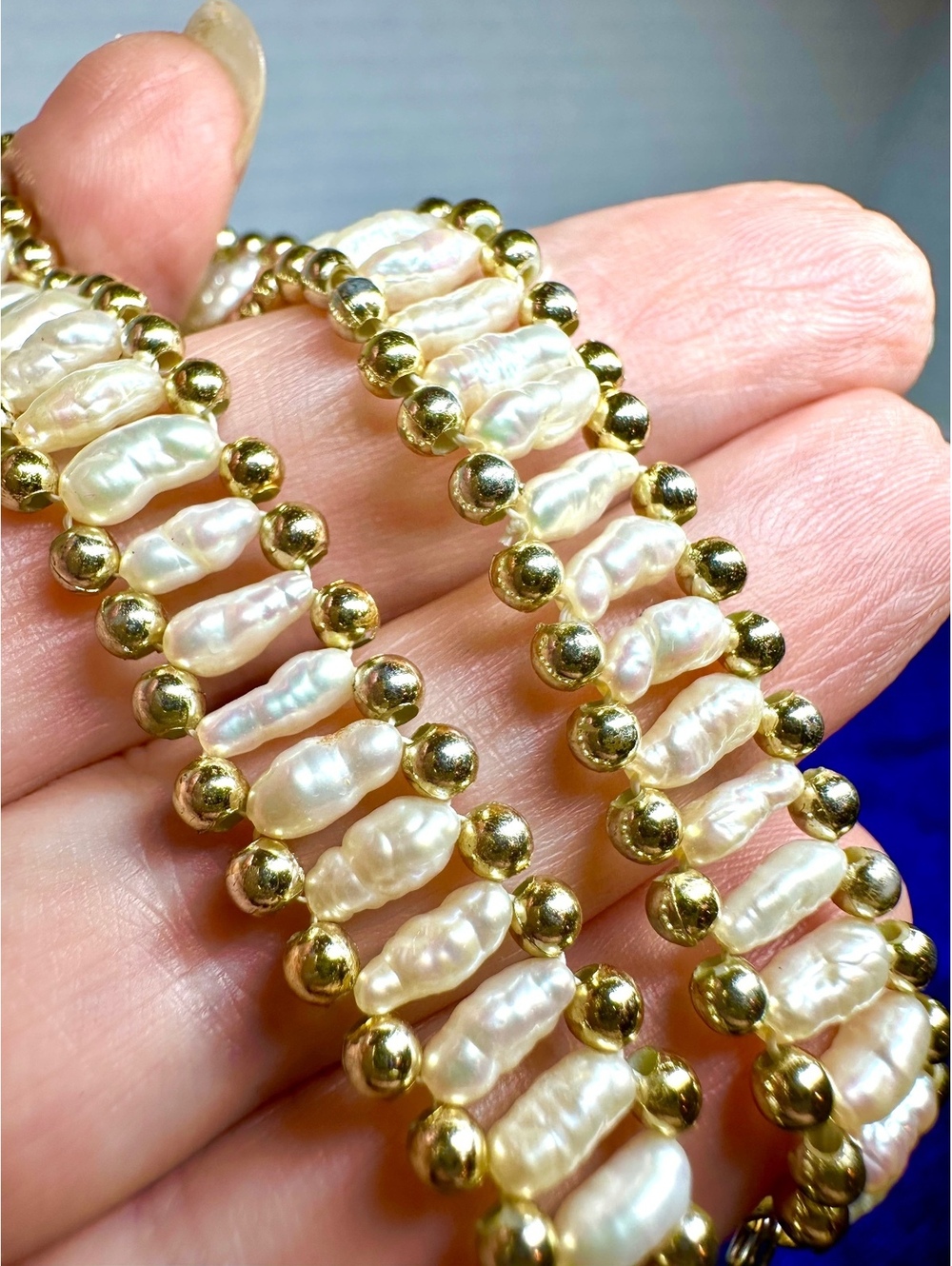 Vintage Yellow Gold and Freshwater Oblong Rice Pearl Bead Design Bracelet 8.5”